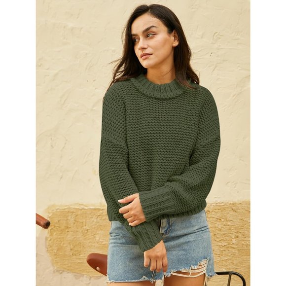 Women's Crewneck Chunky Knit Batwing Long Sleeve Loose Pullover Sweaters Tops - Picture 3 of 6